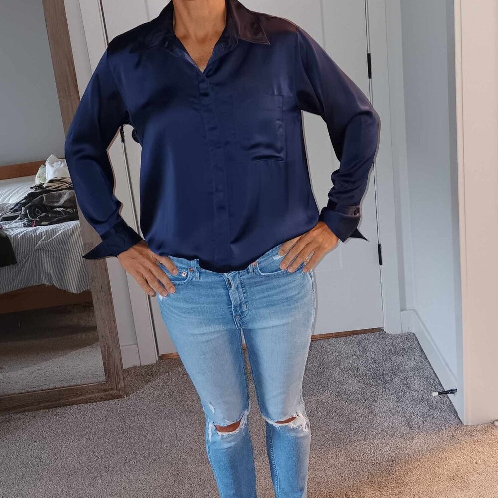 H&M Satin Button Down Blouse BLUE